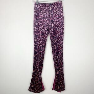Akira Pants Women Small Velvet Flare Leopard Print Pull-on Stretch Purple Velour